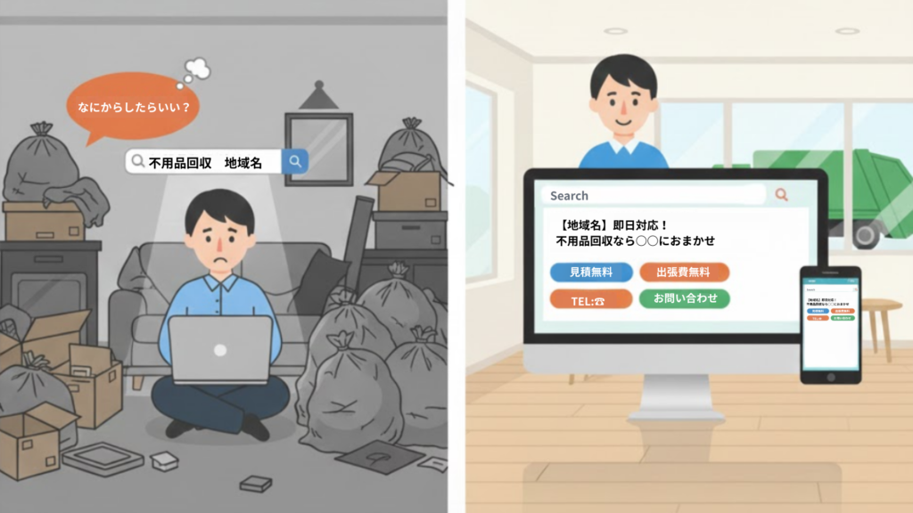 Web集客に悩む不用品回収業者が、リスティング広告で集客成果を出すイメージイラスト