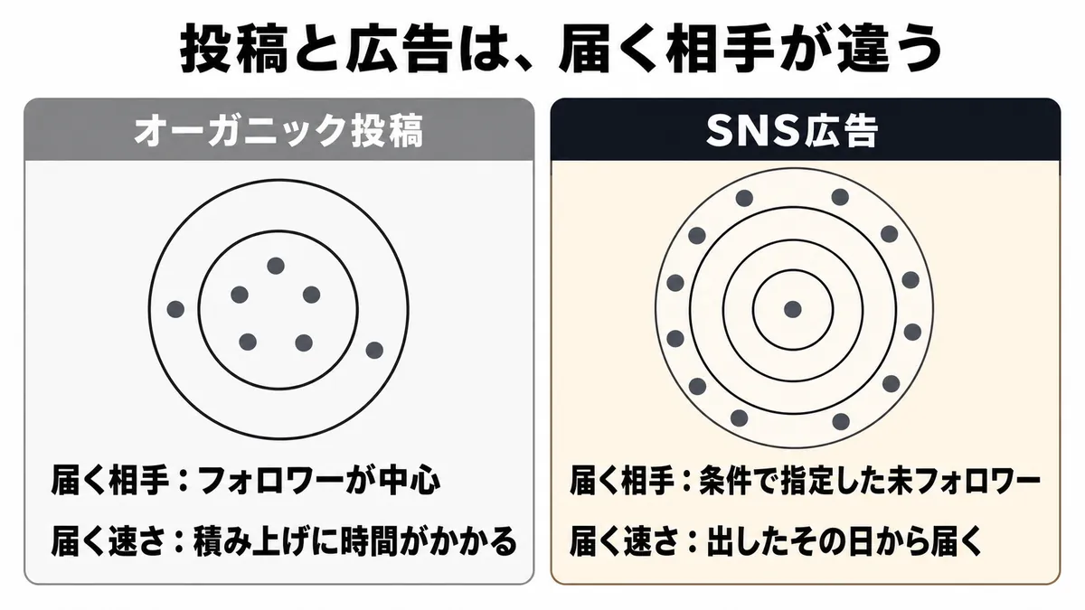 SNS広告とオーガニック投稿の違い。届く相手と届く速さが変わる