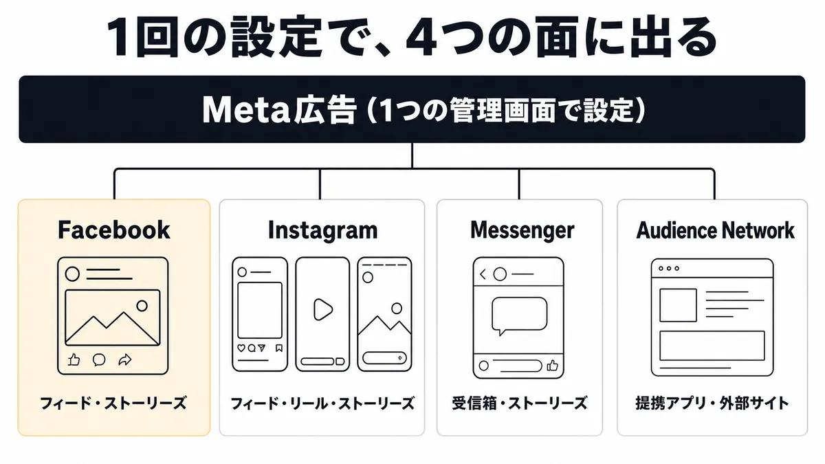Facebook広告の4つの配信先。1つの管理画面から同時に配信できる