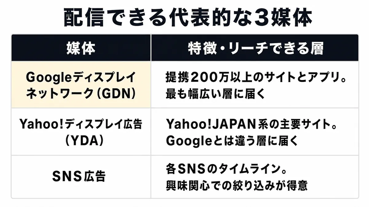 リターゲティング広告を配信できる3つの媒体の比較