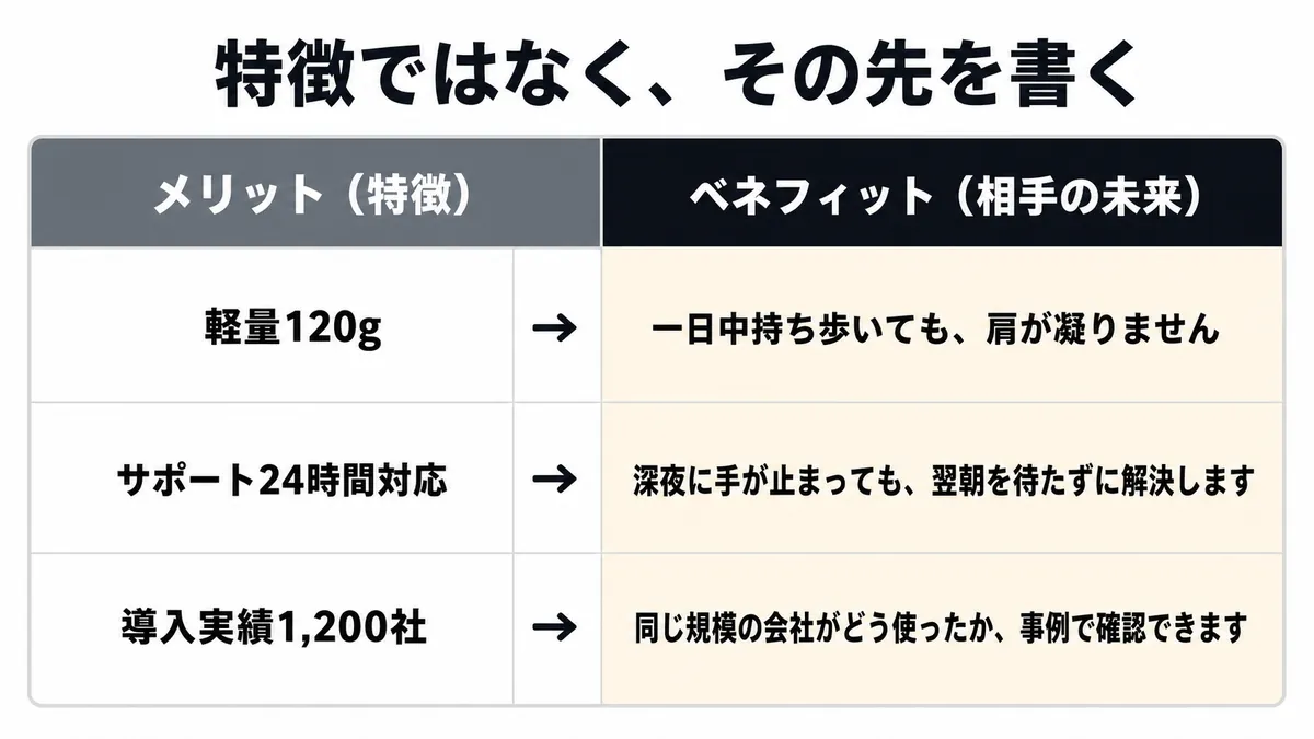 メリットとベネフィットの違い。LPではベネフィットを書く