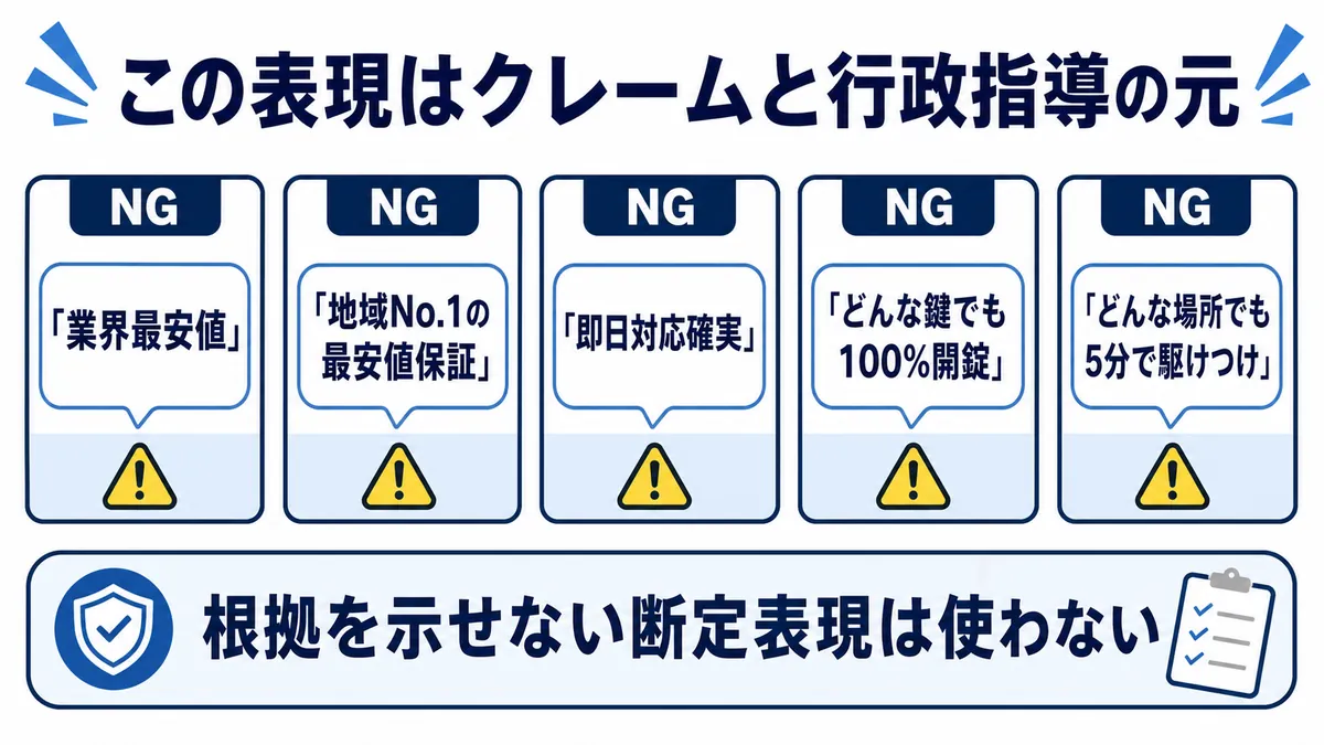 鍵開け・鍵交換の広告で避けるべき誇大表現の例