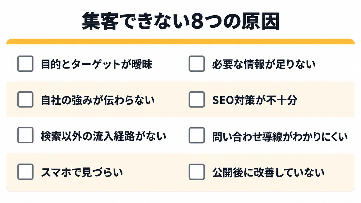 ホームページで集客できない8つの原因の一覧
