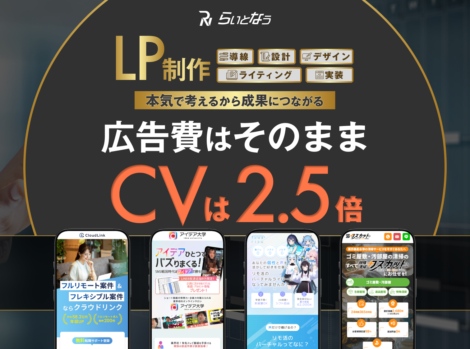 らいとなうロゴ/LP制作/動線・設計・デザイン・ライティング・実装/本気で考えるから成果につながる/広告費はそのままCVは2.5倍/スマホモックアップ