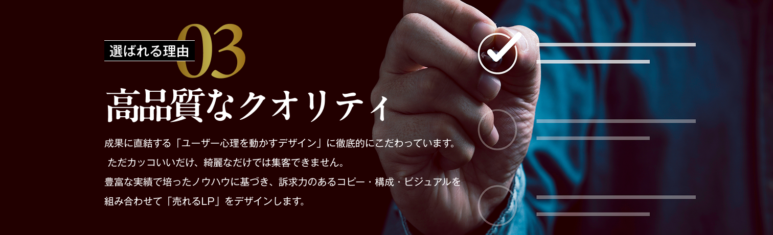 選ばれる理由03/高品質なクオリティ/成果に直結する「ユーザー心理を動かすデザイン」に徹底的にこだわっています。ただかっこいいだけ、綺麗なだけでは集客できません。豊富な実績で培ったノウハウに基づき、訴求力のあるコピー・構成・ビジュアルを組み合わせて「売れるLP」をデザインします。