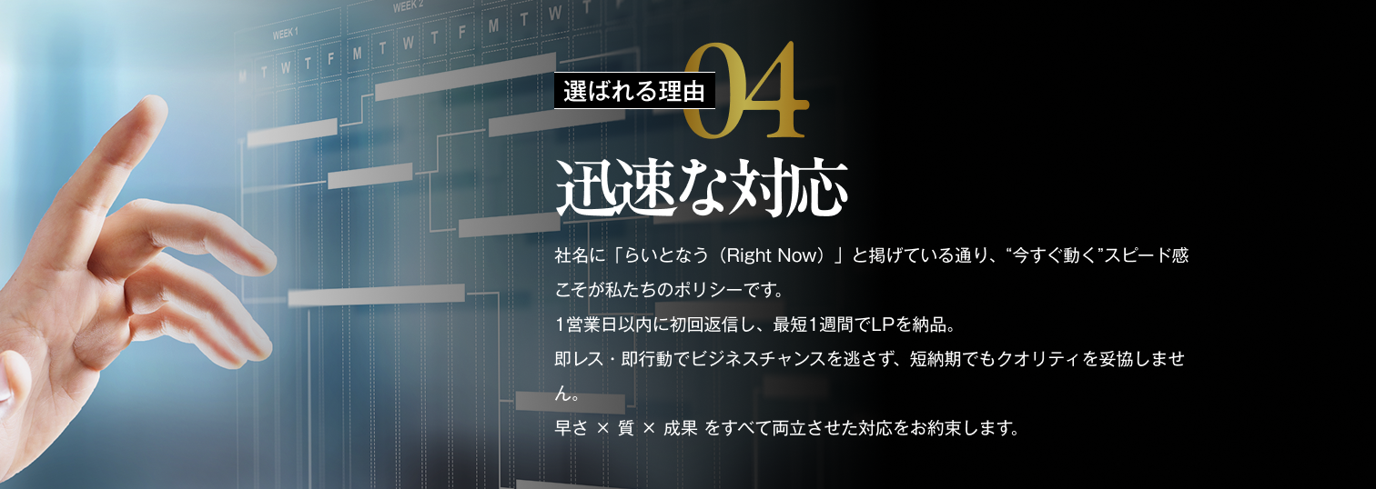 選ばれる理由04/迅速な対応/社名に「らいとなう（Right Now）」と掲げている通り、「今すぐ動く」スピード感こそが私たちのポリシーです。１営業日以内に初回返信し、最短1週間でLPを納品。即レス・即行動でビジネスチャンスを逃さず、短納期でもクオリティを妥協しません。早さ・質・成果を全て両立させた対応をお約束します。